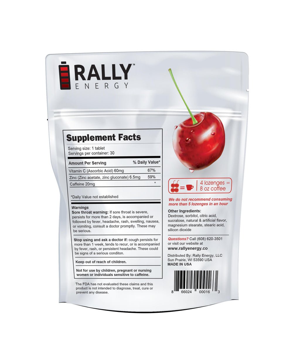 Rally Energy Cough Relief - Caffeinated, Cherry Flavored Cough Lozenges